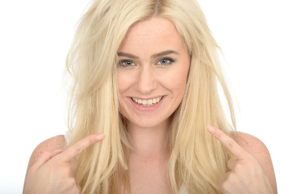 Happy Young Woman Smiling Pointing to Her Teeth Smiling — Stock Photo, Image