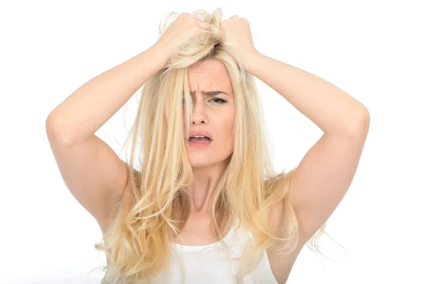 Jovem mulher atraente olhando estressado infeliz e frustrado — Fotografia de Stock