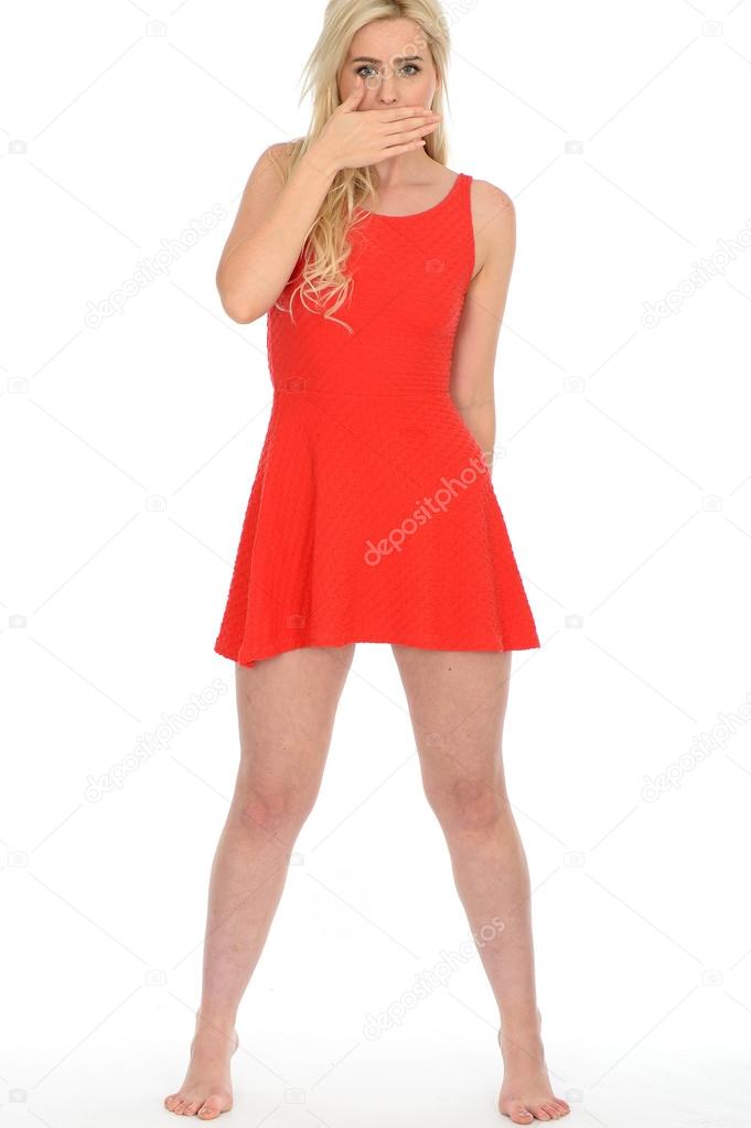 Attractive Sexy Young Blonde Haired Woman Wearing a Short Red Mini Dress