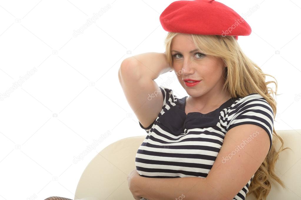 Portrait Of A Beautiful Sexy Young French Woman Wearing A Red Beret