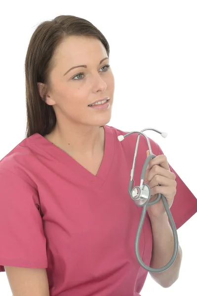 Beautiful Young Female Doctor Wearing Theatre Scrubs Holding A Stethoscope — Stock Photo, Image