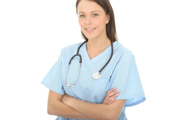 Portrait Of A Beautiful Young Female Doctor Confident and Relaxed Wearing Blue Theatre Scrubs — Stock Photo, Image