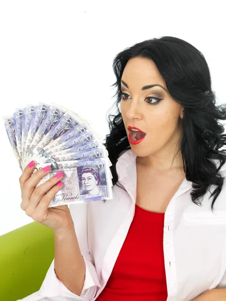 Happy Beautiful Young Hispanic Woman Holding Money — Stock Photo, Image