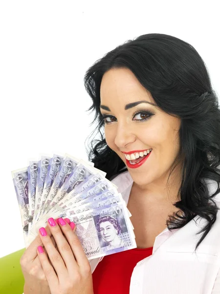 Happy Beautiful Young Hispanic Woman Holding Money — Stock Photo, Image