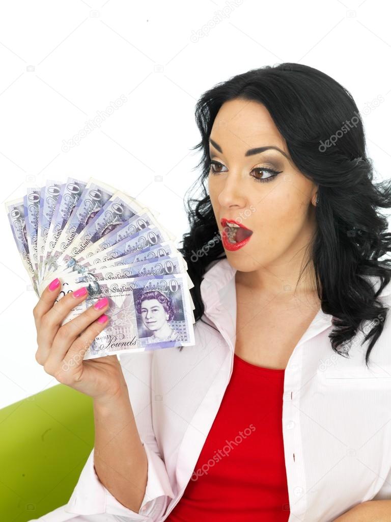 Happy Beautiful Young Hispanic Woman Holding Money