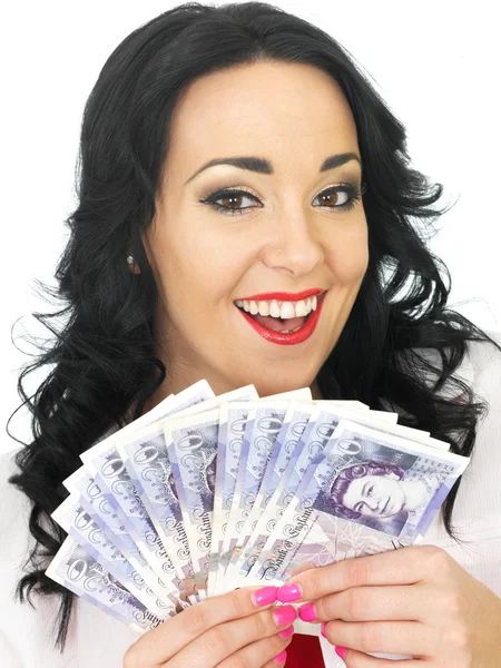 Happy Beautiful Young Hispanic Woman Holding Money — Stock Photo, Image