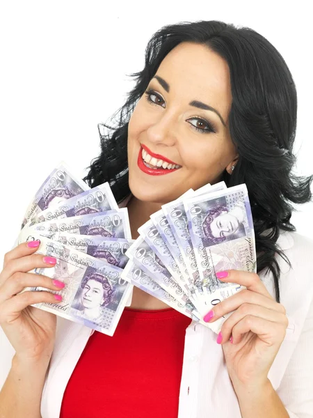 Felice bella giovane donna ispanica in possesso di denaro — Foto Stock