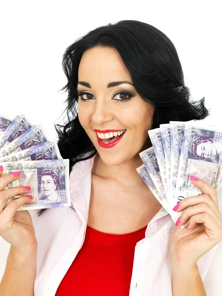 Happy Beautiful Young Hispanic Woman Holding Money — Stock Photo, Image