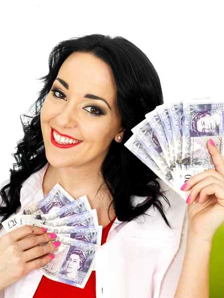 Happy Beautiful Young Hispanic Woman Holding Money — Stock Photo, Image