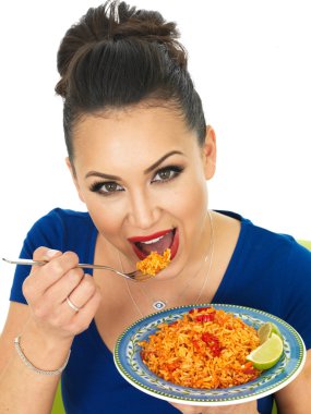 Beautiful Young Hispanic Woman Holding A Plate of Spicy Mexican Rice