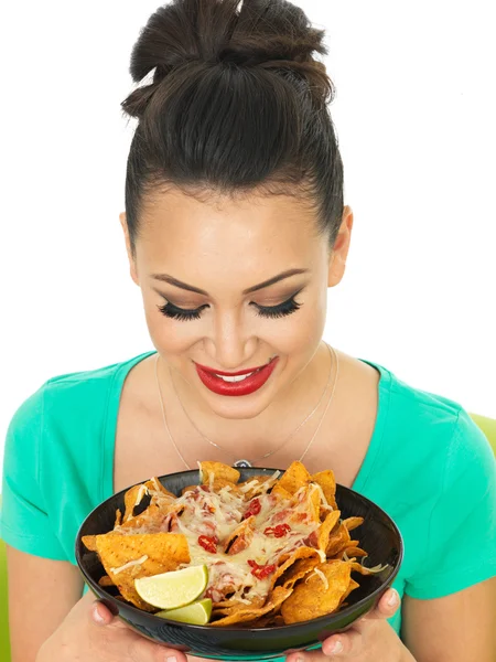 Beautiful Attractive Young Hispanic Woman With Cheesy Nachos and a Spicy Salsa Sauce — Stock Photo, Image