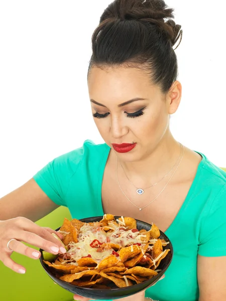 Beautiful Attractive Young Hispanic Woman With Cheesy Nachos and a Spicy Salsa Sauce — Stock Fotó