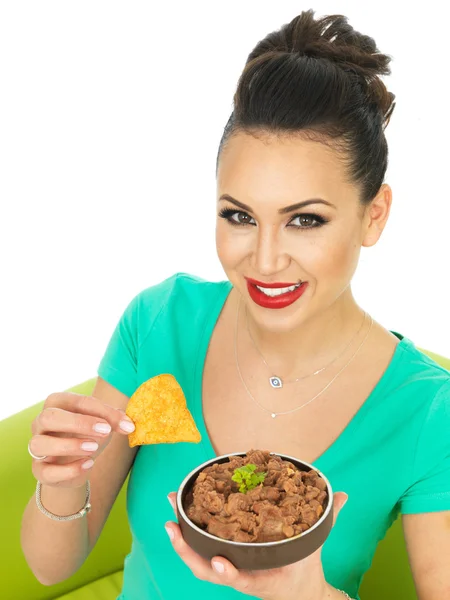 Beautiful Young Attractive Hispanic Woman With Mexican Style Refried Spicy Beans — Stock Fotó