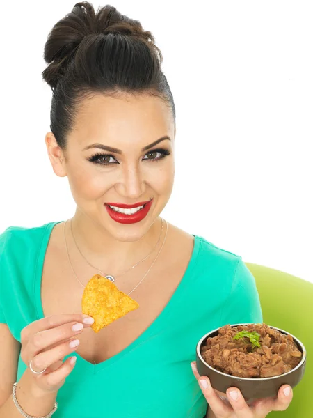 Beautiful Young Attractive Hispanic Woman With Mexican Style Refried Spicy Beans — Stock Photo, Image