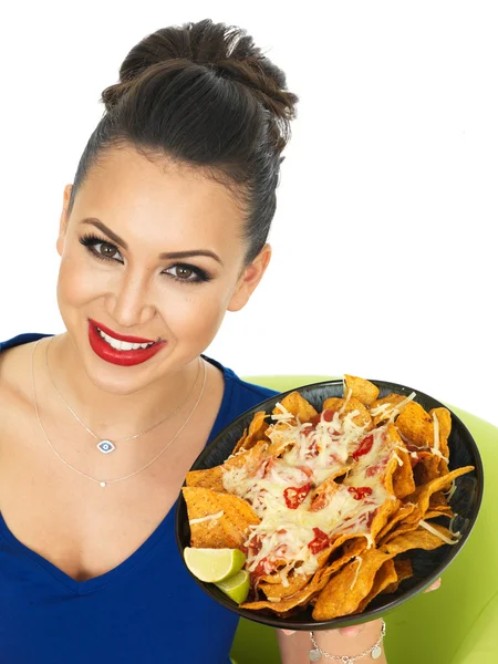 Beautiful Attractive Young Hispanic Woman Holding A Dish of Nachoes — Stock Fotó