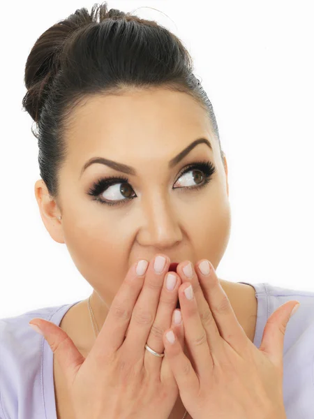 Portrait Of A Very Shocked And Surprised Beautiful Young Hispanic Woman Covering Her Mouth With Her Hands — Stock Photo, Image