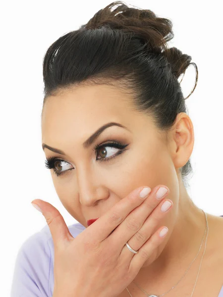 Portrait Of A Very Shocked And Surprised Beautiful Young Hispanic Woman Covering Her Mouth With Her Hands — Stok fotoğraf