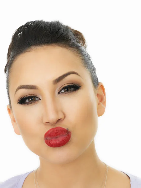 Beautiful Sultry Young Hispanic Woman Blowing Kisses To The Camera — Stok fotoğraf