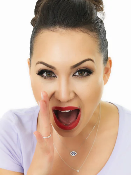 Beautiful Young Hispanic Woman Shouting and Calling Out To Get Attention — Stockfoto