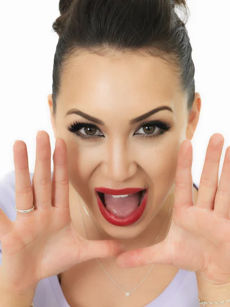 Beautiful Young Hispanic Woman Shouting and Calling Out To Get Attention — Stok fotoğraf