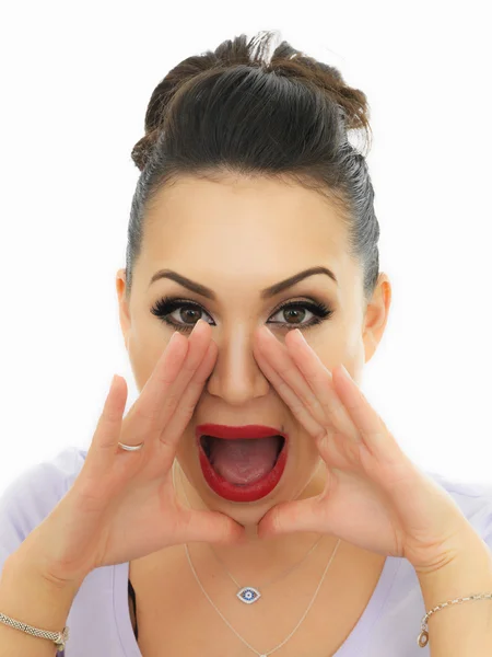 Beautiful Young Hispanic Woman Shouting and Calling Out To Get Attention — Stok fotoğraf