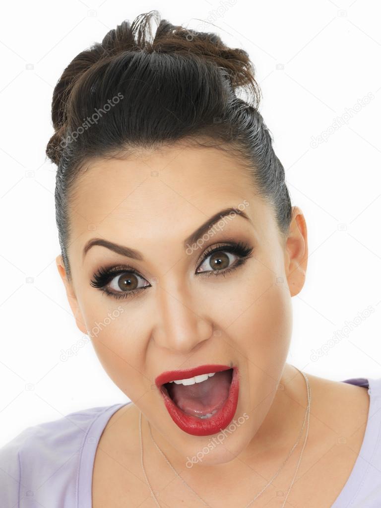 Portrait Of A Very Shocked And Surprised Beautiful Young Hispanic Woman