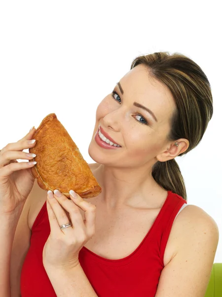 Attractive Young Woman Holding a Cooked Cornish Pasty Snack — Stock Photo, Image