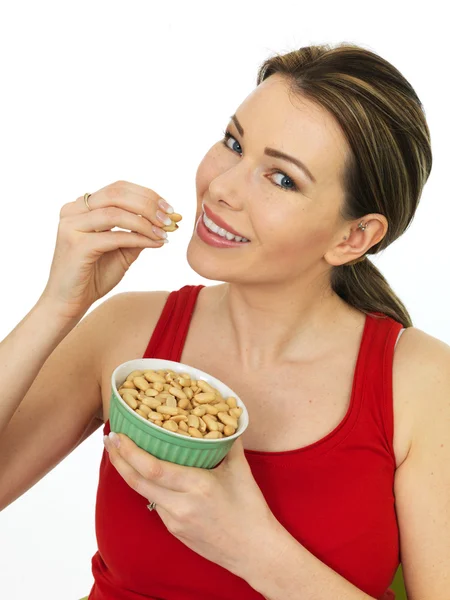 Attractive Young Woman Holding Salted Roasted Peanuts — Stock Photo, Image