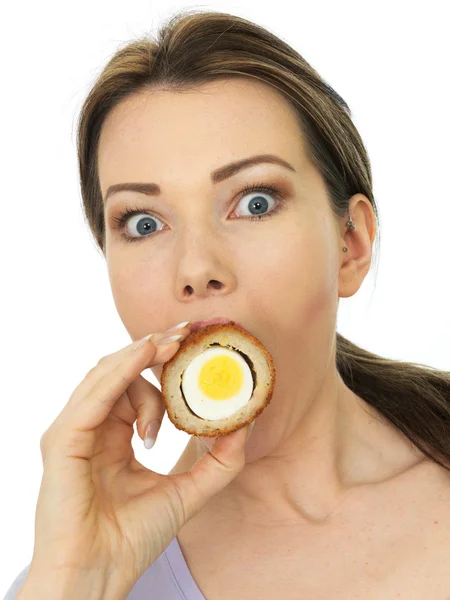 Attractive Young Woman Holding Scotch Eggs — Stock Photo, Image