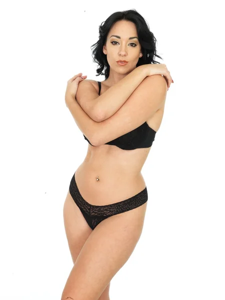 Sexy schattig aantrekkelijke jonge Pin-Up Model dragen zwarte Lingerie — Stockfoto