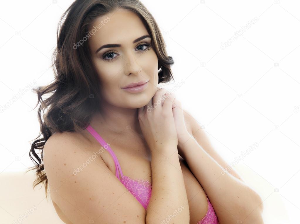 Beautiful Young Sexy Dark Haired Hispanic Woman Wearing Pink Sensual Lingerie