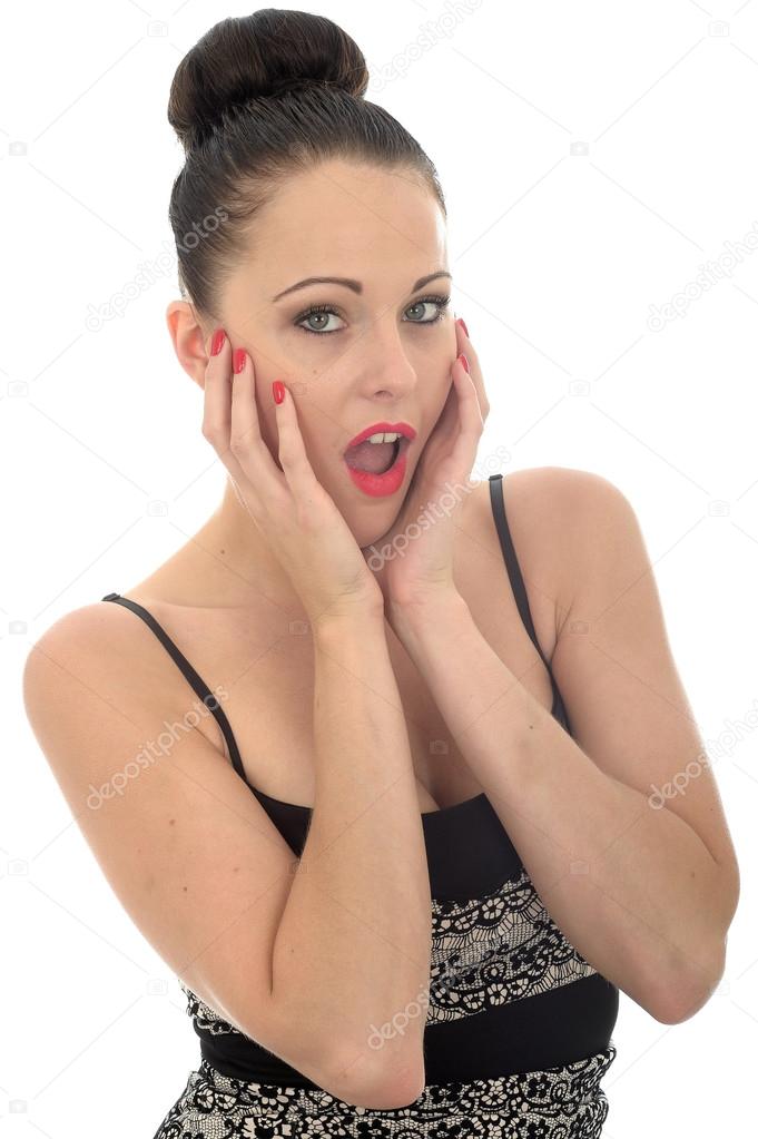 Attracitve Young Caucasian Woman Holding Her Head In Her Hand Looking Shocked and Surprised