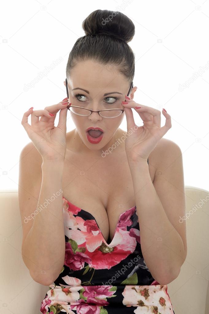 Portrait Of A Beautiful Attractive Young Caucasian Woman Wearing Retro Glasses