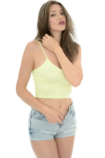 Seksi genç kadın yelek Top ve Denim Jeans — Stok fotoğraf