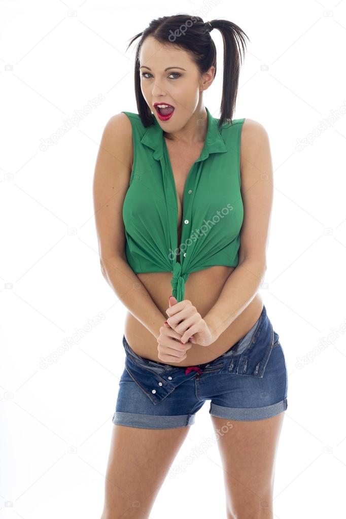 Sexy Young Pin Up Model Wearing a Green Tied Top And Blue Shorts