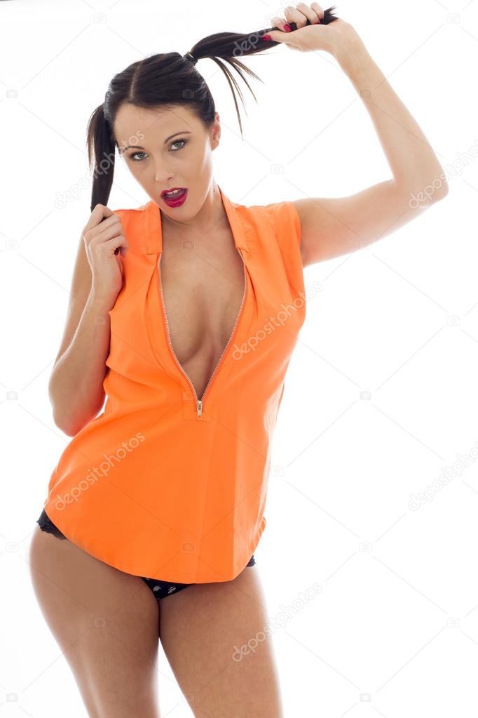 Attractive Young Pin Up Model Wearing An Orange Top And Panties