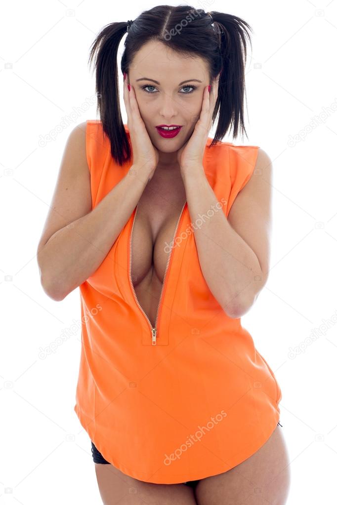 Attractive Young Pin Up Model Wearing An Orange Top And Panties