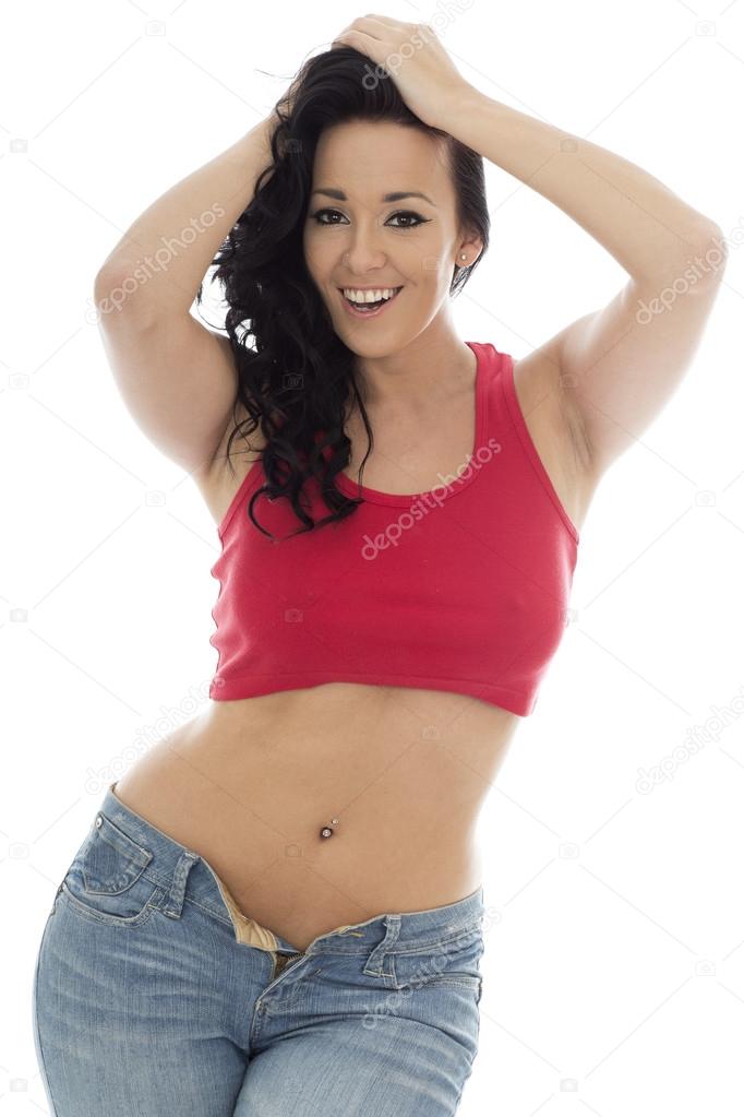 Attractive Young Hispanic Woman Posing Pin Up In Jeans and a Red