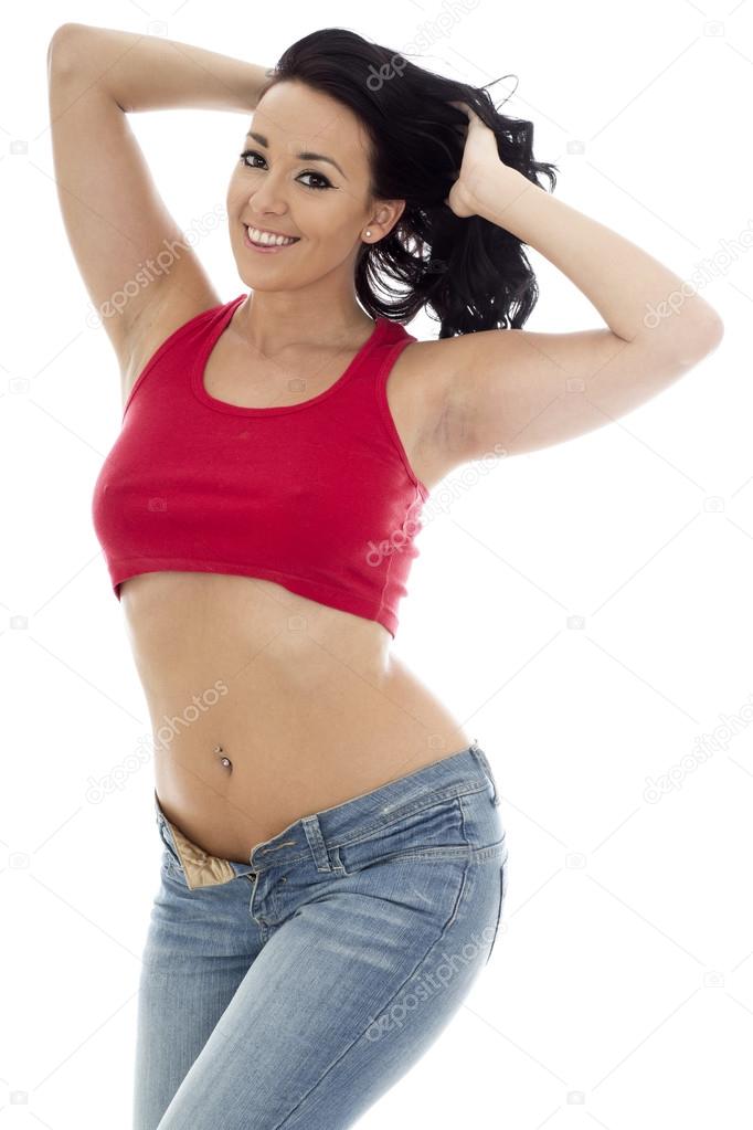 Attractive Young Hispanic Woman Posing Pin Up In Jeans and a Red