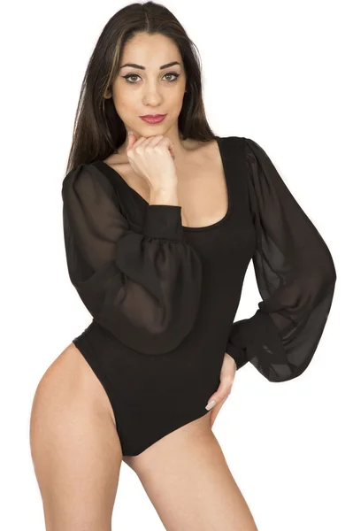 Vacker frisk ung kvinna poserar i en svart Body underkläder — Stockfoto
