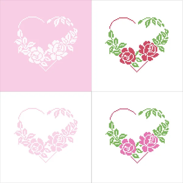 Set Floral Hearts Embroider — Stock Vector