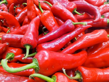 Bir demet taze kırmızı biber süpermarkette, markette, dükkânda, markette, vejetaryen sebzelerde..