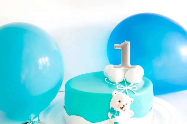 Baby Blue Delicious Cake Decorated Digit One Candle Balloons Child — Stock Photo, Image