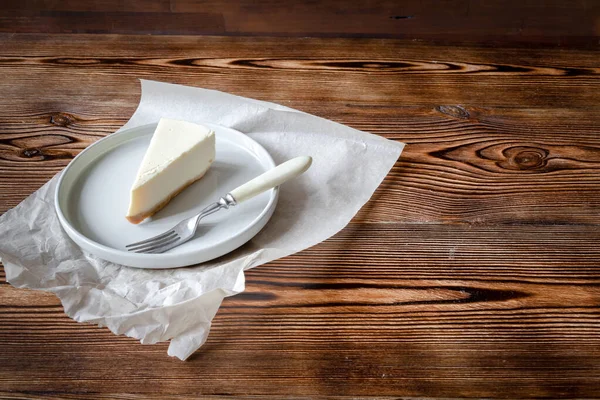 Delicious Sweet Classical Cheesecake New York Dessert Slice Wooden Rustic — Stock Photo, Image
