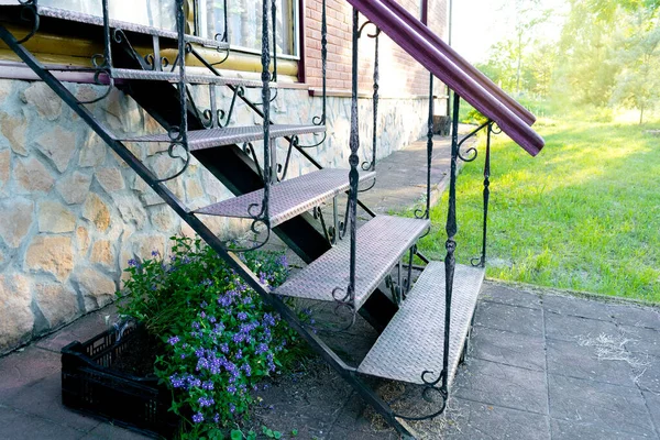 Dettaglio Scala Acciaio Metallico Scala Scale Con Corrimano Legno Casa — Foto Stock