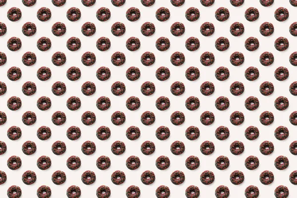 Donuts pretos com esmalte vermelho sobre fundo branco sem costura vista superior padrão. Sobremesa de comida plana leigos de deliciosos rosquinhas doces donuts de chocolate — Fotografia de Stock