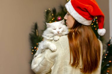 Noel Baba şapkalı bir kadın Noel ağacına sarılıyor. Mutlu Noeller, yeni yıl ve evcil hayvanlarla, ailelerle mutlu tatiller. Kutlama hazırlıkları..