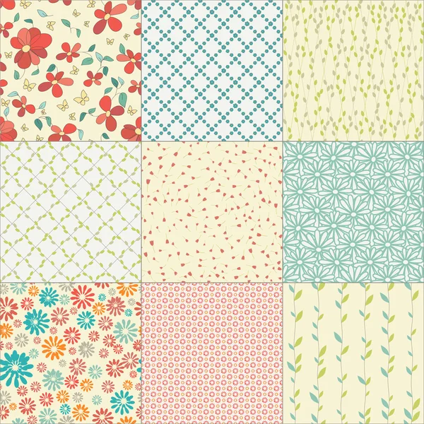 Set of nine seamless floral patterns — Stock Vector