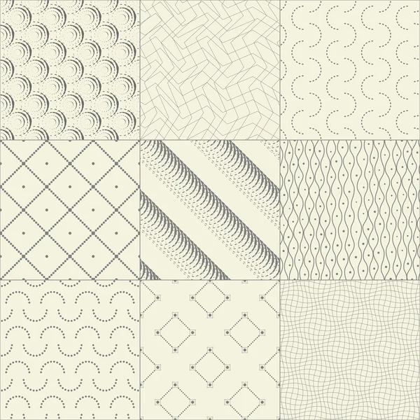 9 つの抽象的な幾何学的なシームレス パターンのセット — ストックベクタ