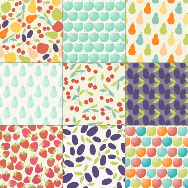 Set of nine colorful seamless patterns with fruits — Stock Vector